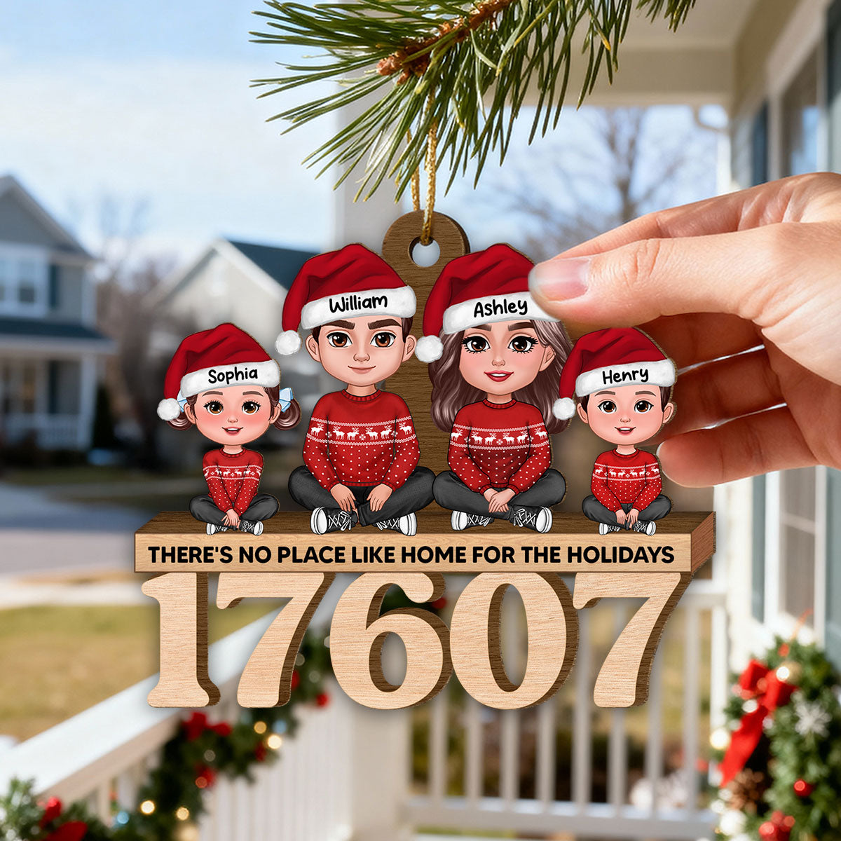 No Place Like Home Doll Family Sitting Zip Code - Personalized Wooden Ornament