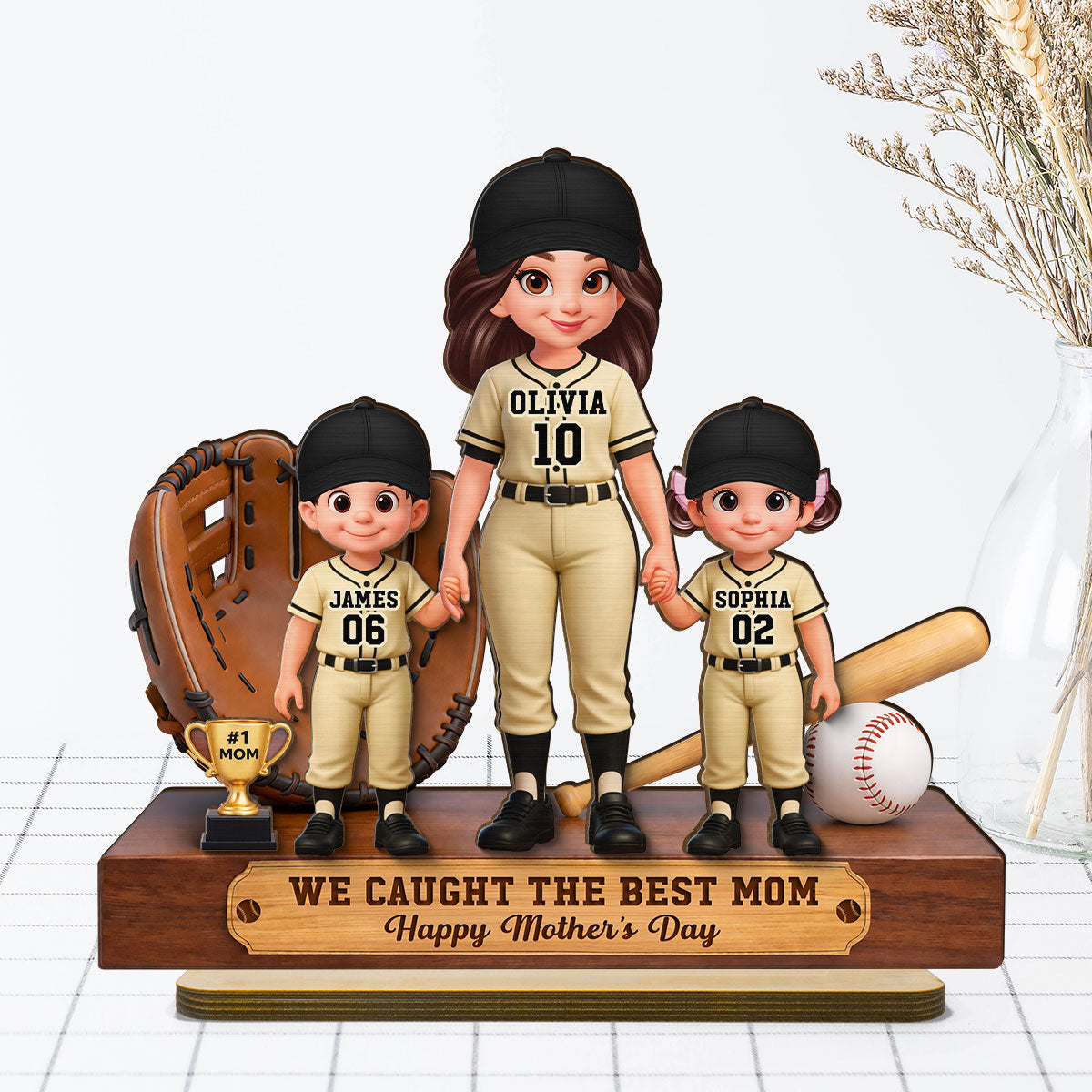 Baseball Mom And Kids We Caught The Best Mom - Personalized 2-Layered Wooden Plaque - Mother's Day Gift For Baseball Mom