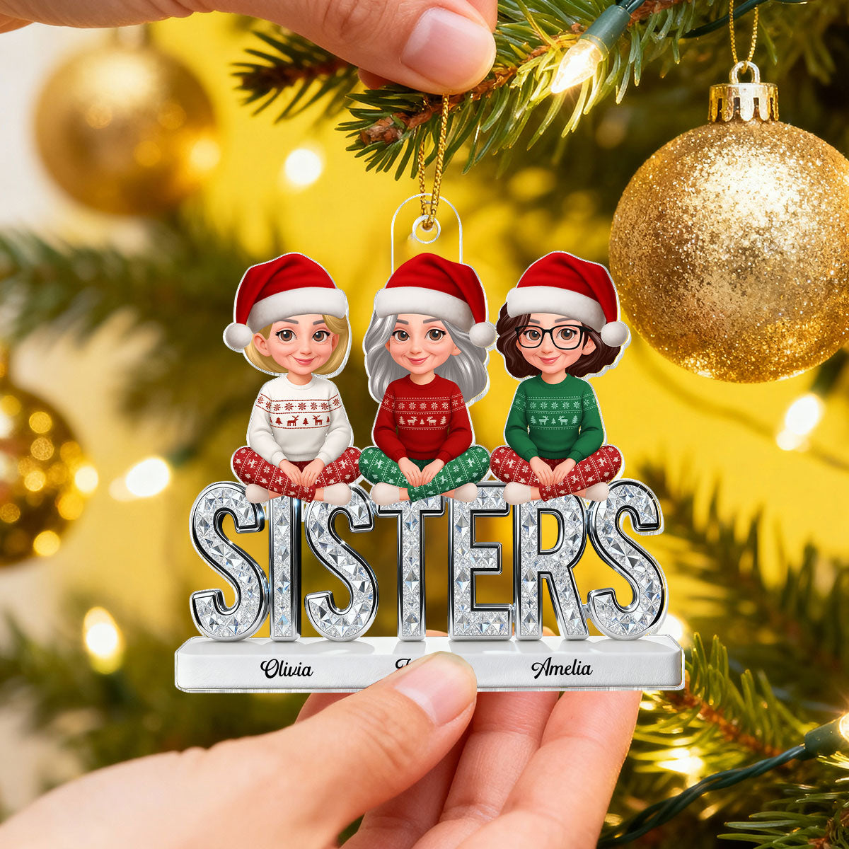 3D Shining Effect Sisters Forever Together Beautiful Women - Personalized Acrylic Ornament - Gift For Sisters