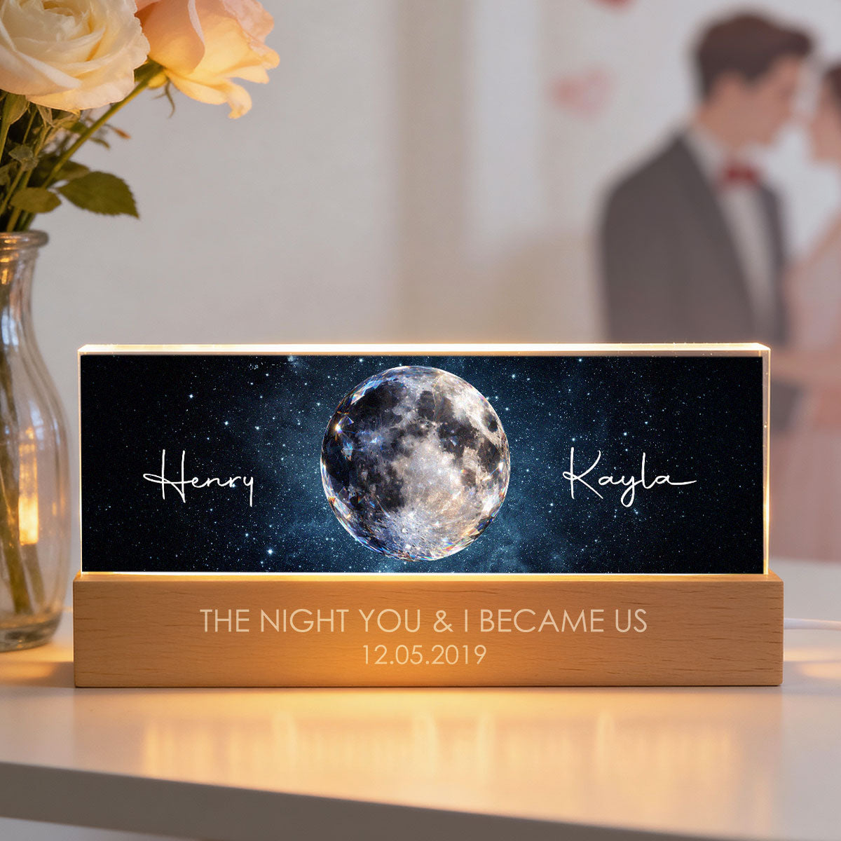 Couple Moon Phase The Beginning of Our Forever - Personalized Acrylic Block LED Night Light - Anniversary, Valentine's Day Gift for her, for him