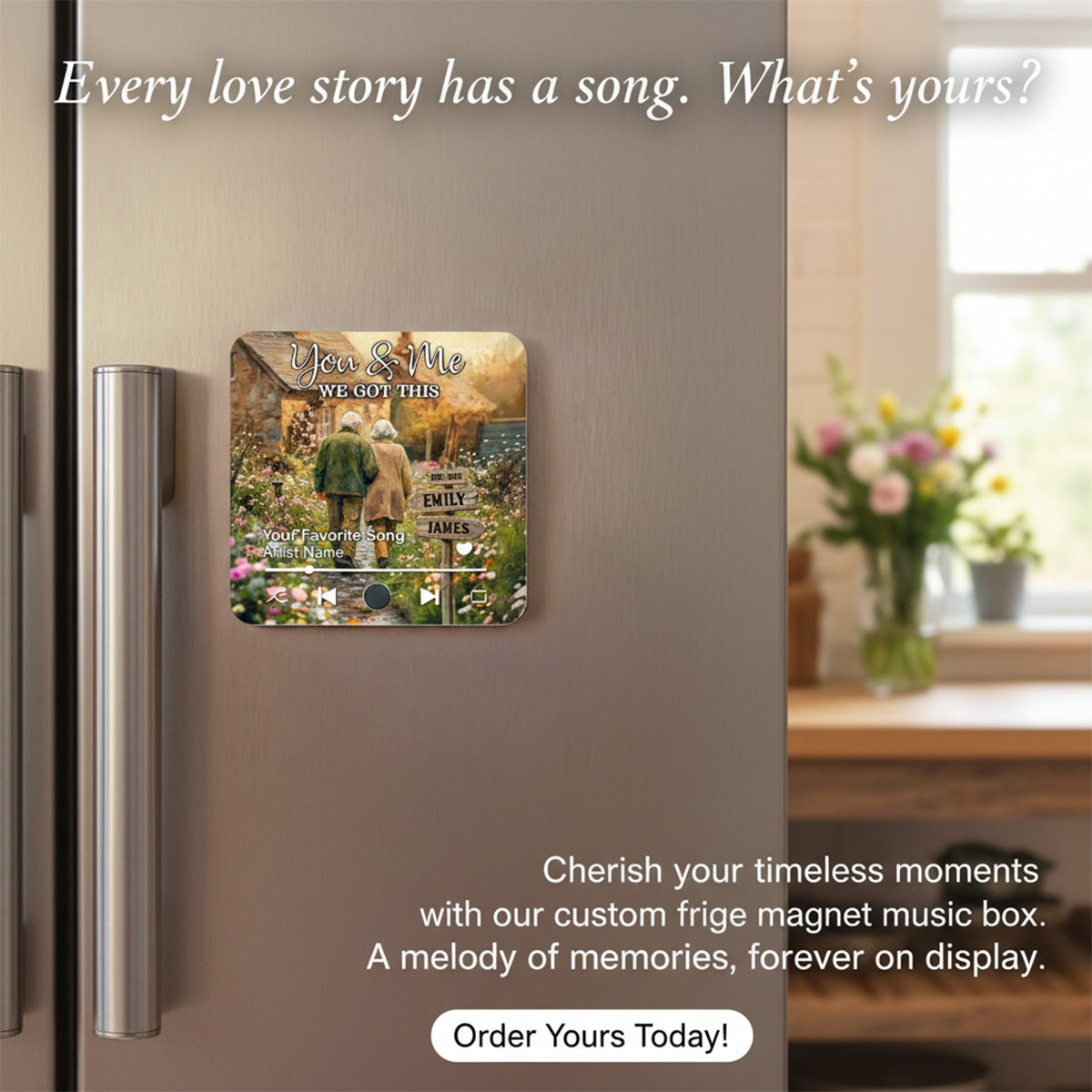 Old Couple Walking Down The Wildflower Road - Personalized Music Fridge Magnet - Anniversary, Valentine's Day Gift
