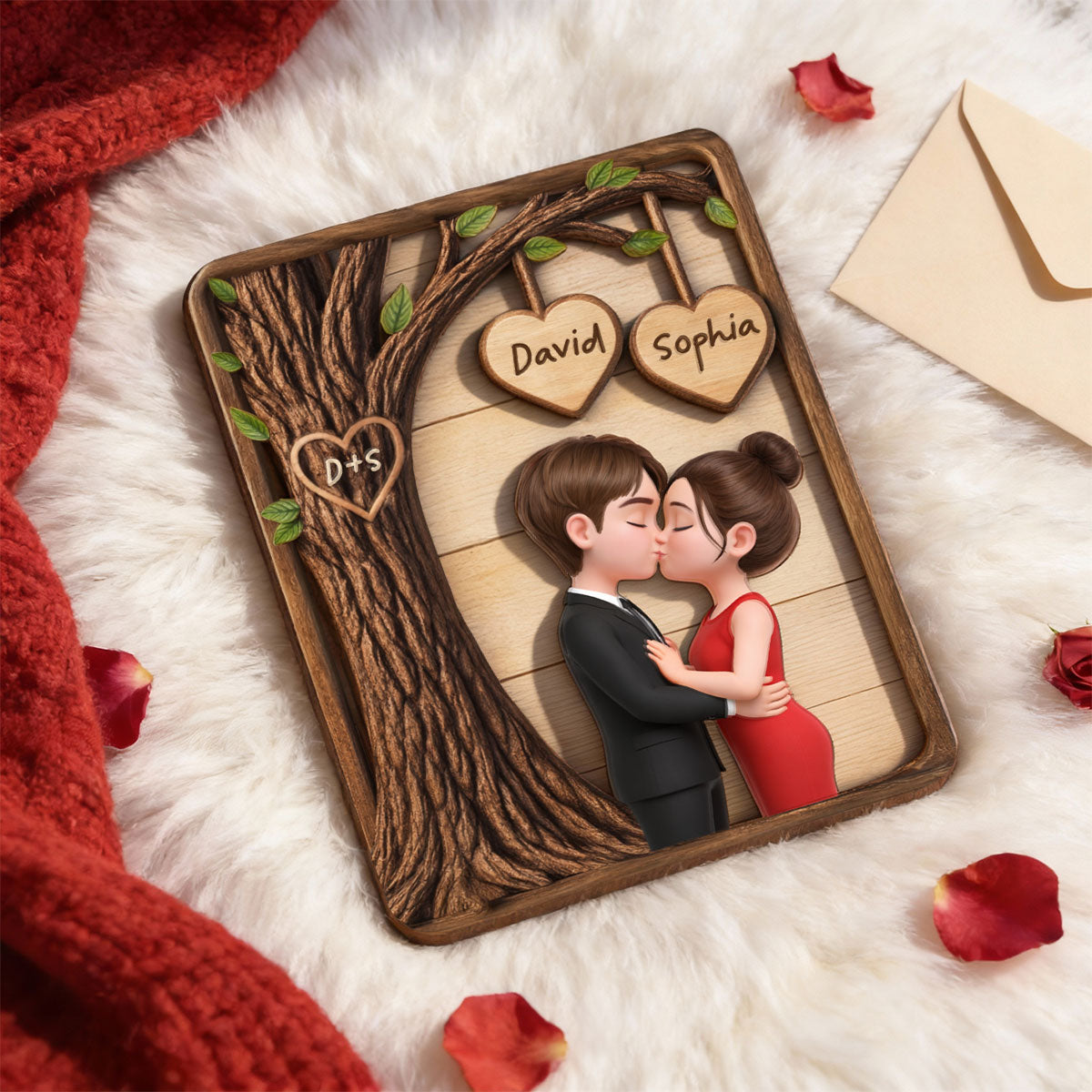 Couple Kissing Under Tree - Personalized 2-Layered Wooden Plaque - Sentimental Valentine's Day Gift for Her, for Him