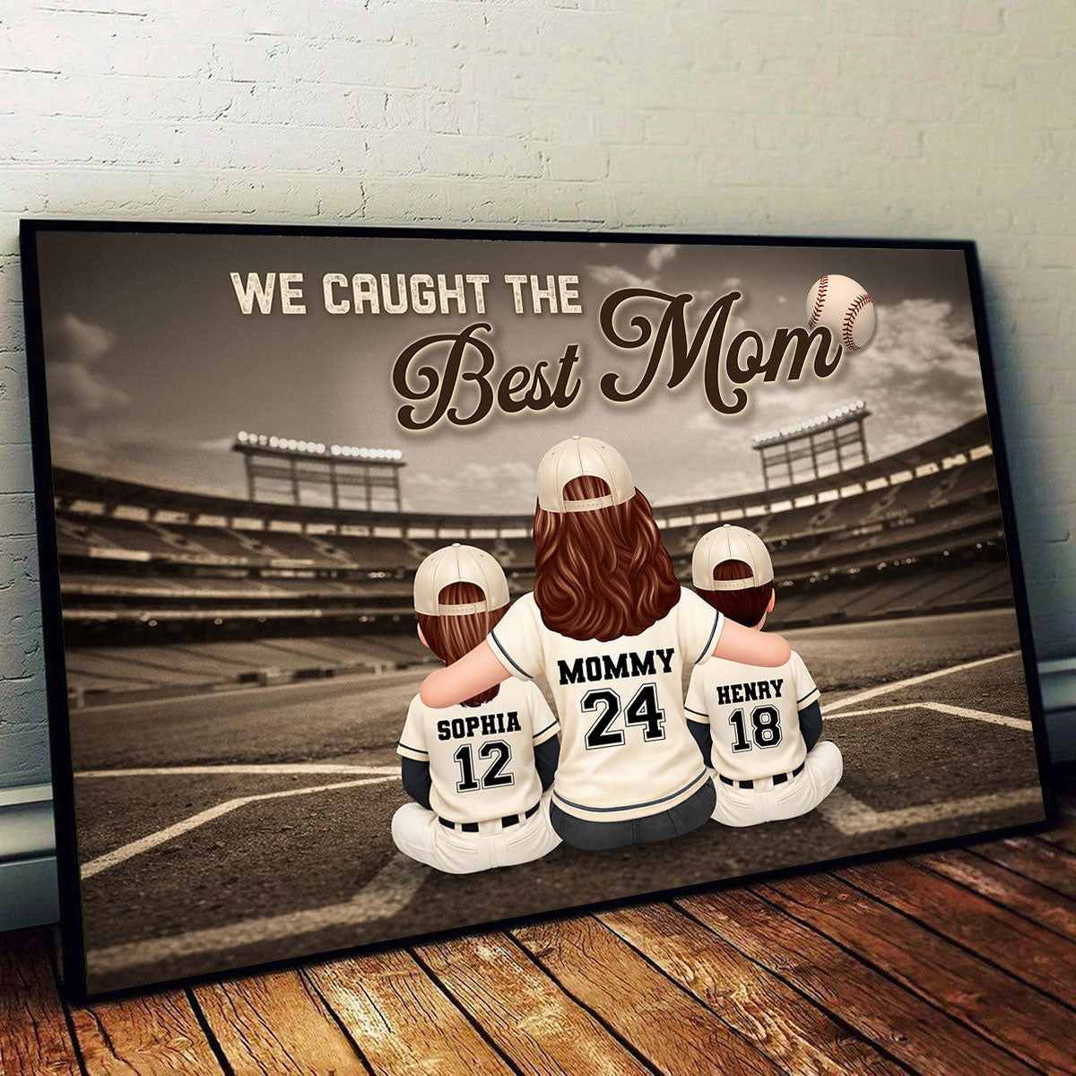 Baseball Mom And Kids Retro Wall Art - Personalized Poster - Sentimental Mother's Day Keepsake for Mom, Wife