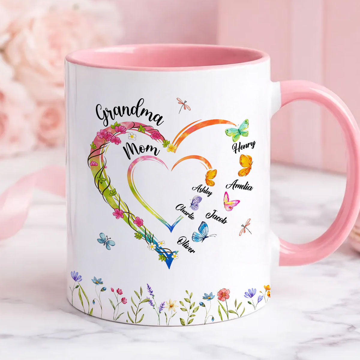 Custom Grandma Mom Flower Heart with Kids Names - Personalized Mug - Gift for Mom, Grandma