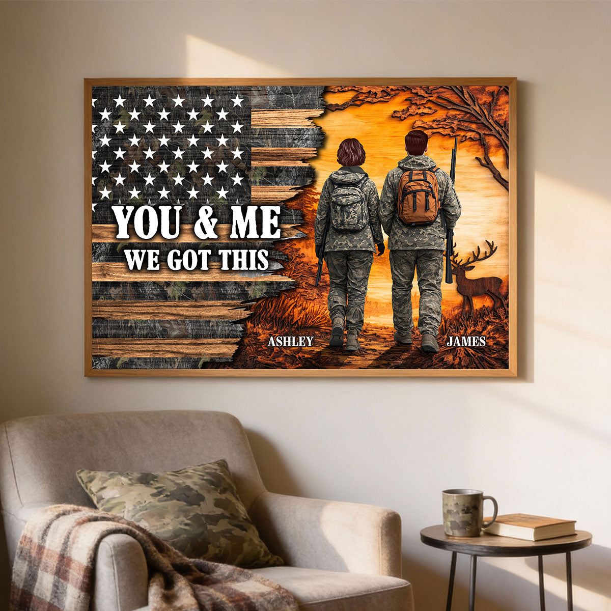 Eternal Love Back View Hunting Couple Half Nation Flag - Personalized Poster - Gift For Hunting Couple, Hunters, Gift For Him, For Her