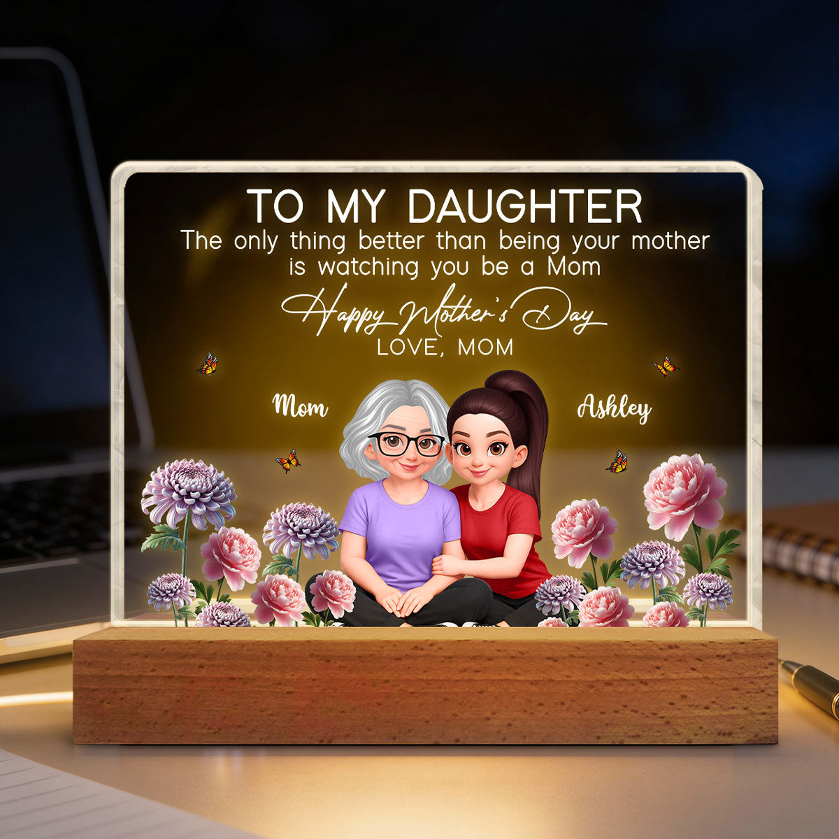 To My Daughter Happy Mother's Day Custom Birth Month Flower - Personalized Acrylic Block LED Plaque - Mother's Day Gift For Daughter