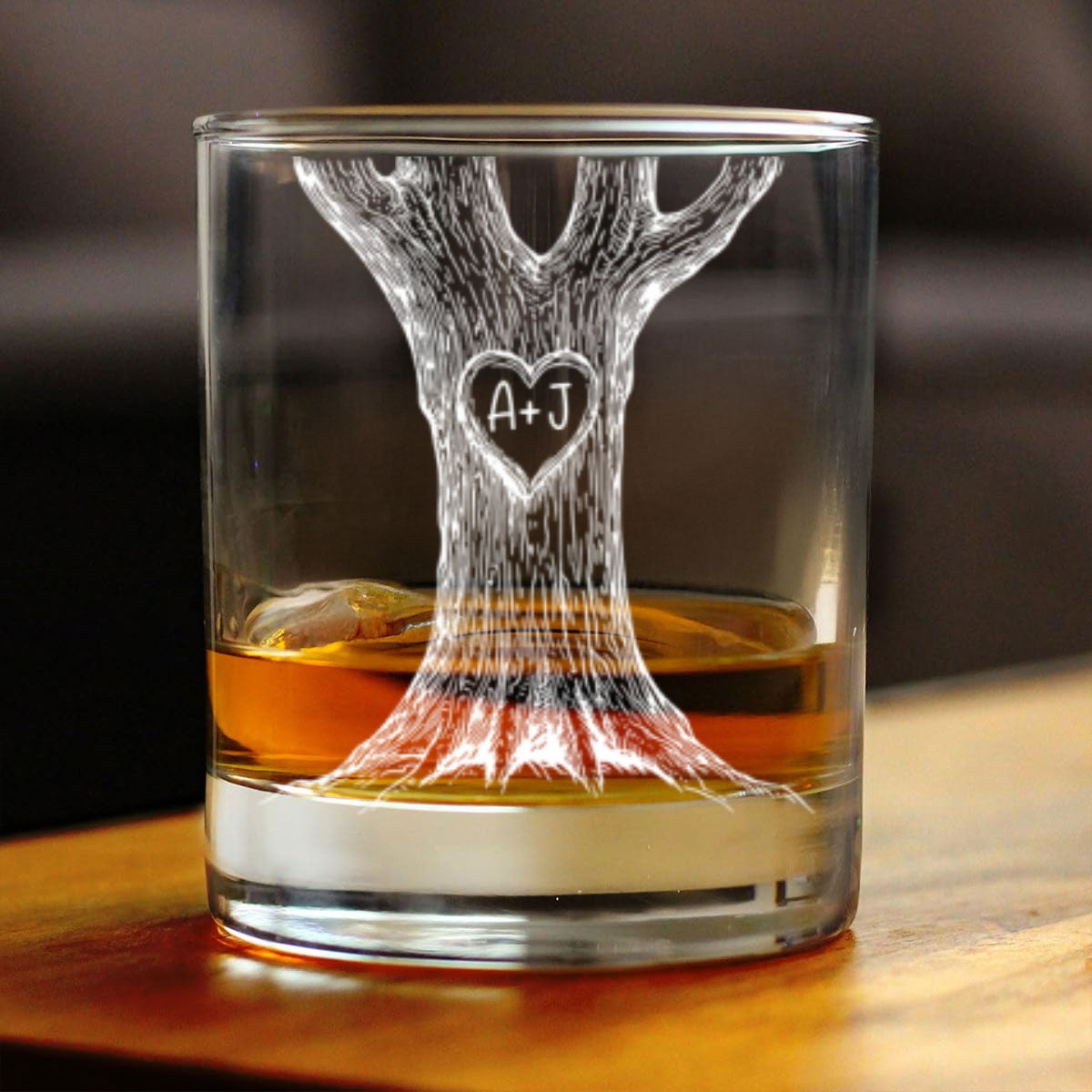 Couple Name Initials In A Heart Tree - Personalized Wine Glass - Valentine's Day, Anniversary, Engagement Gift