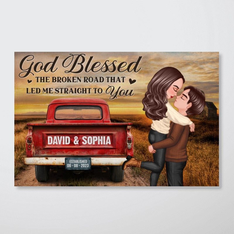Rustic Nostalgia Red Truck Couple Hugging Kissing - Personalized Poster - Heartfelt Valentine, Anniversary Gift For Him, For Her, Farmhouse Decor