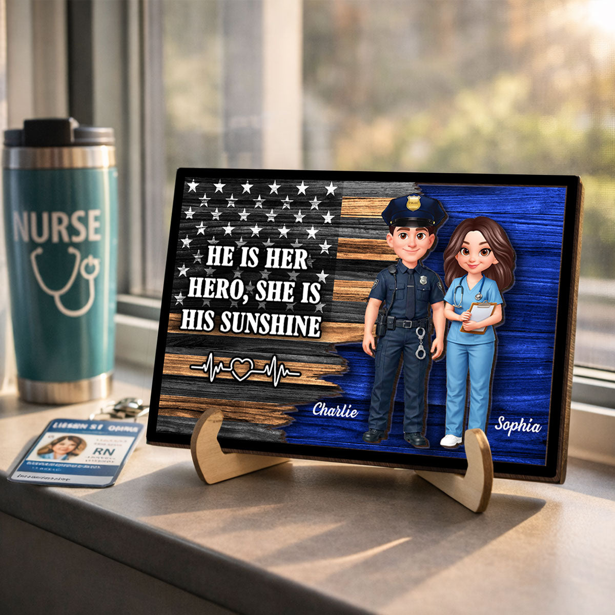 Custom Hero Couple Thin Blue Line Nation Flag - Personalized 2-Layered Wooden Plaque - Heartfelt Gift for Him, for Her