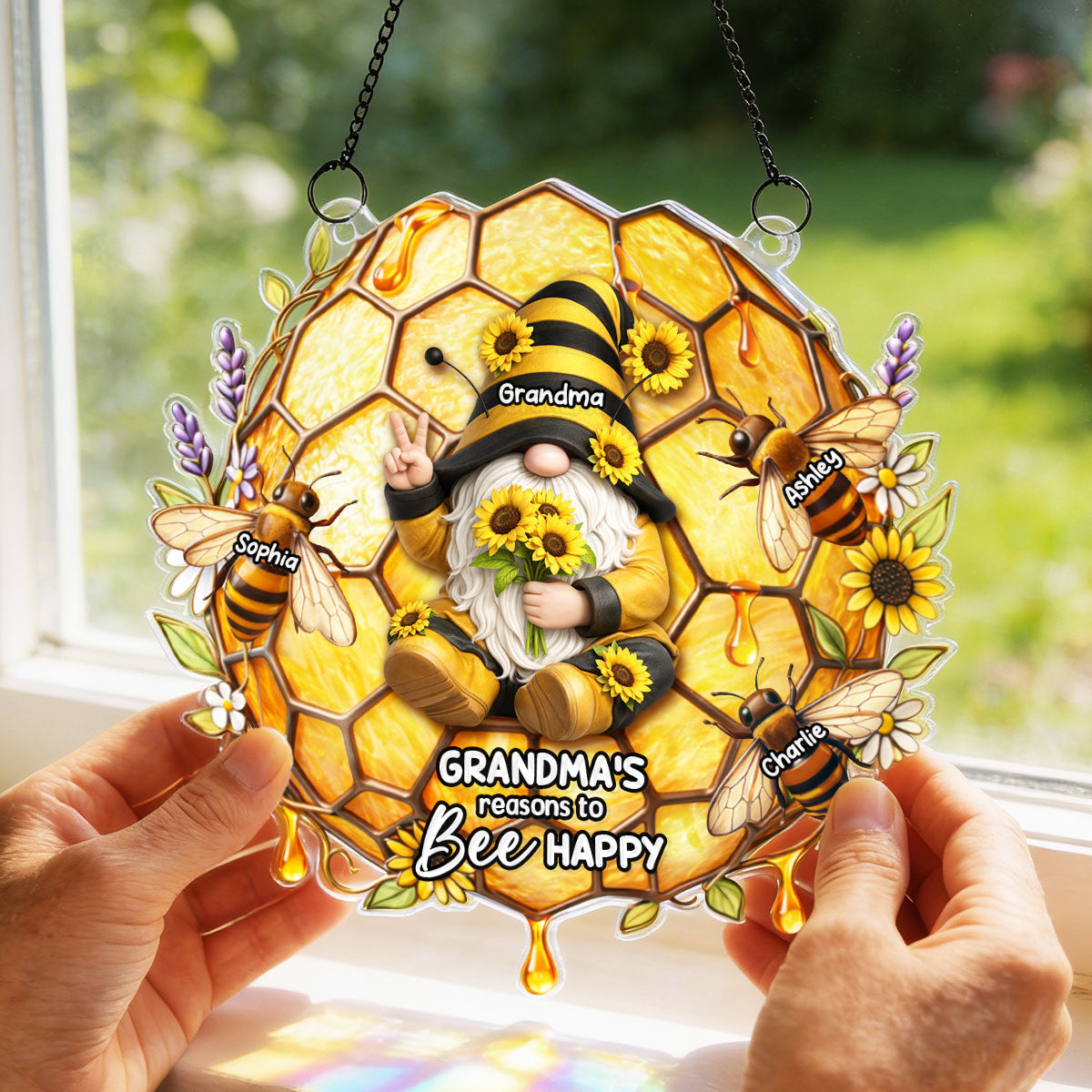 Grandma Grandkids Bee Happy - Personalized Suncatcher - Gift For Grandma