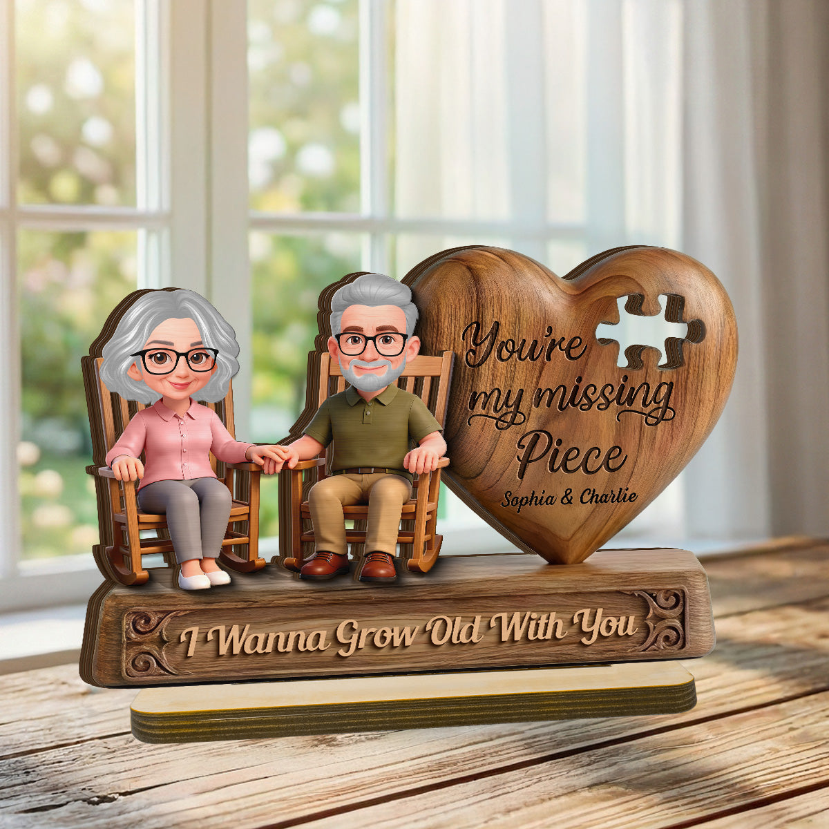 3D Effect Old Couple Sitting On Rocking Chair My Missing Piece - Personalized 2-Layered Wooden Plaque