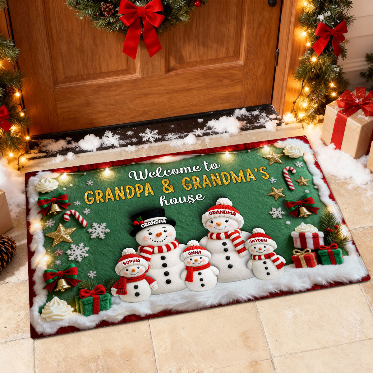 3D Effect Festive Christmas Snowman Welcome To Grandma Grandpa House - Personalized Doormat - Gift For Grandparents