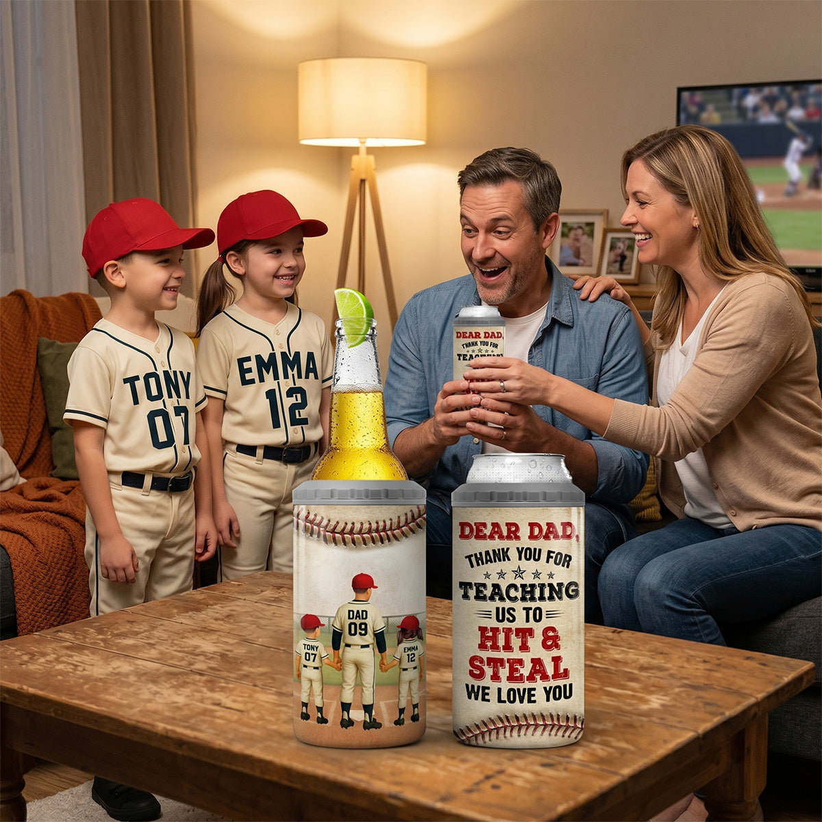 Thank You For Teaching Us To Hit & Steal Baseball Dad & Kids - Personalized Can Cooler - Father's Day Gift For Dad, Husband