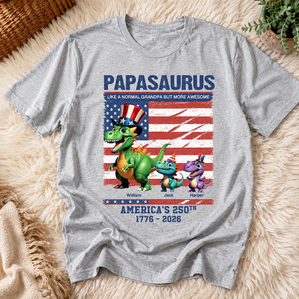 Grandpasaurus And Kids 3D Effect Dinosaurs - Personalized Shirt - American's 250th Anniversary Keepsake 4th Of July Independence Day Celebration