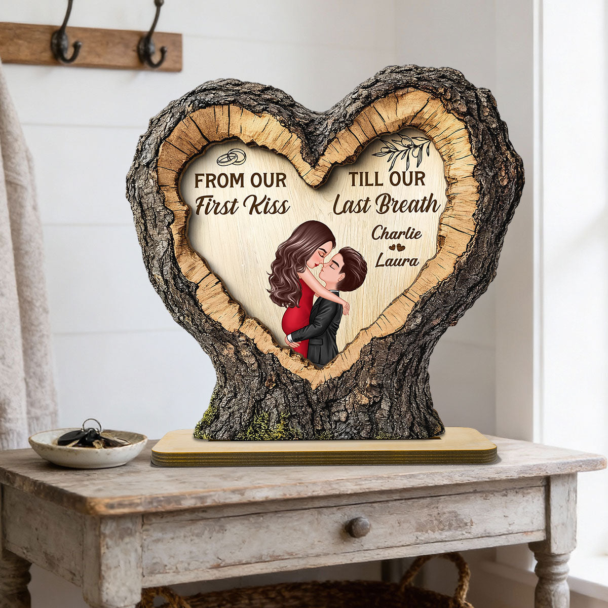From First Kiss Till Last Breath Couple Kissing 2D Flat - Personalized 2-Layered Wooden Plaque - Anniversary Gift, Valentine's Gift For Him, For Her