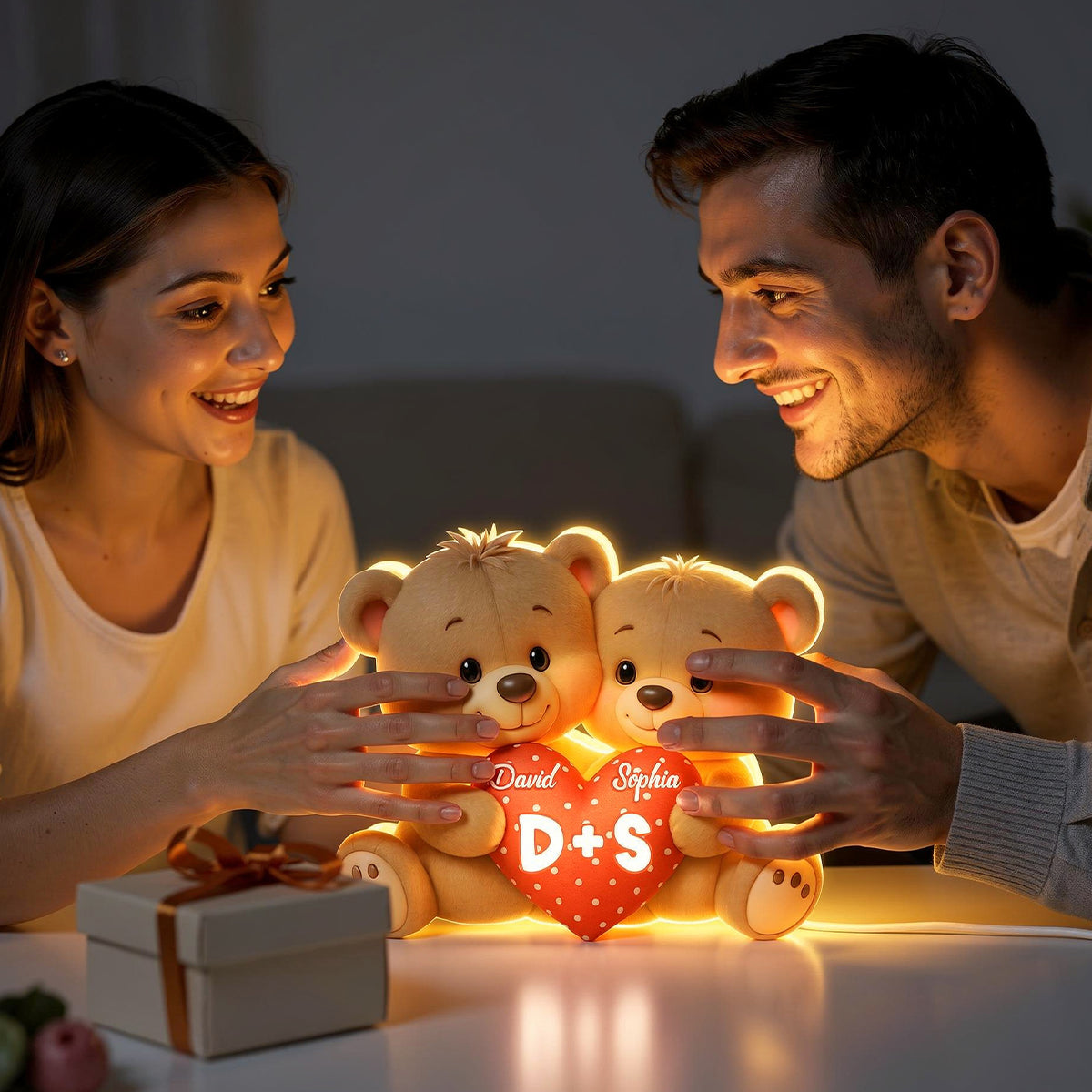 Bear Couple Holding Heart - Personalized Light Box - Valentine's Day Gift for him, for her