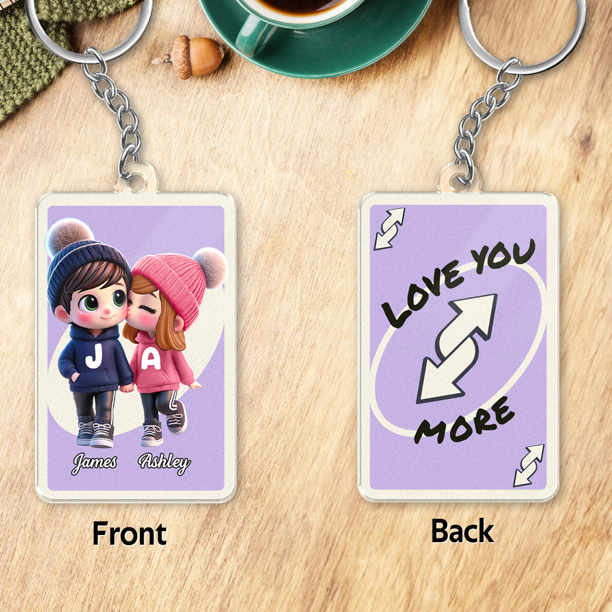 Love You More Game Card Style Cartoon Couple - Personalized Acrylic Keychain - Valentine's Day Gift, Anniversary Gift For Him, For Her