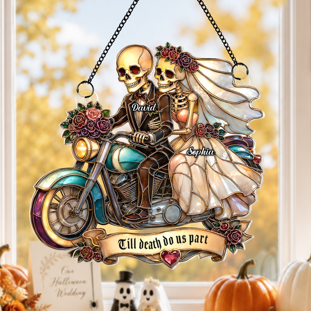 Just Married Skeleton Couple Halloween - Personalized Acrylic Window Hanging - Halloween Decor Gift, Gift For Couple