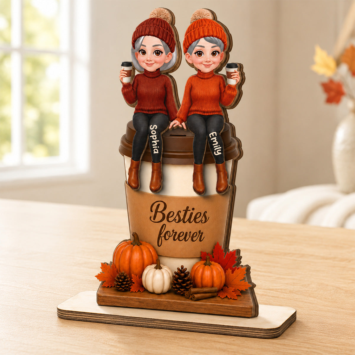 Besties Sitting On Pumpkin Spice Latte 2D Flat - Personalized Wooden Plaque - Cozy Fall Gift