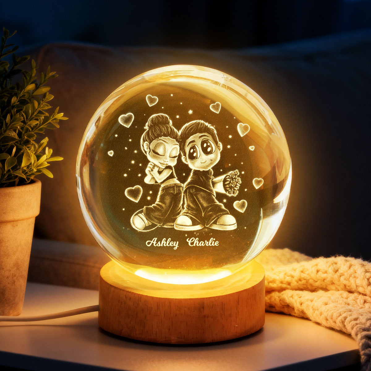 Y2K Couple - Personalized Crystal Ball LED Night Light - Sentimental Valentine's Day Gift for Her, for Him