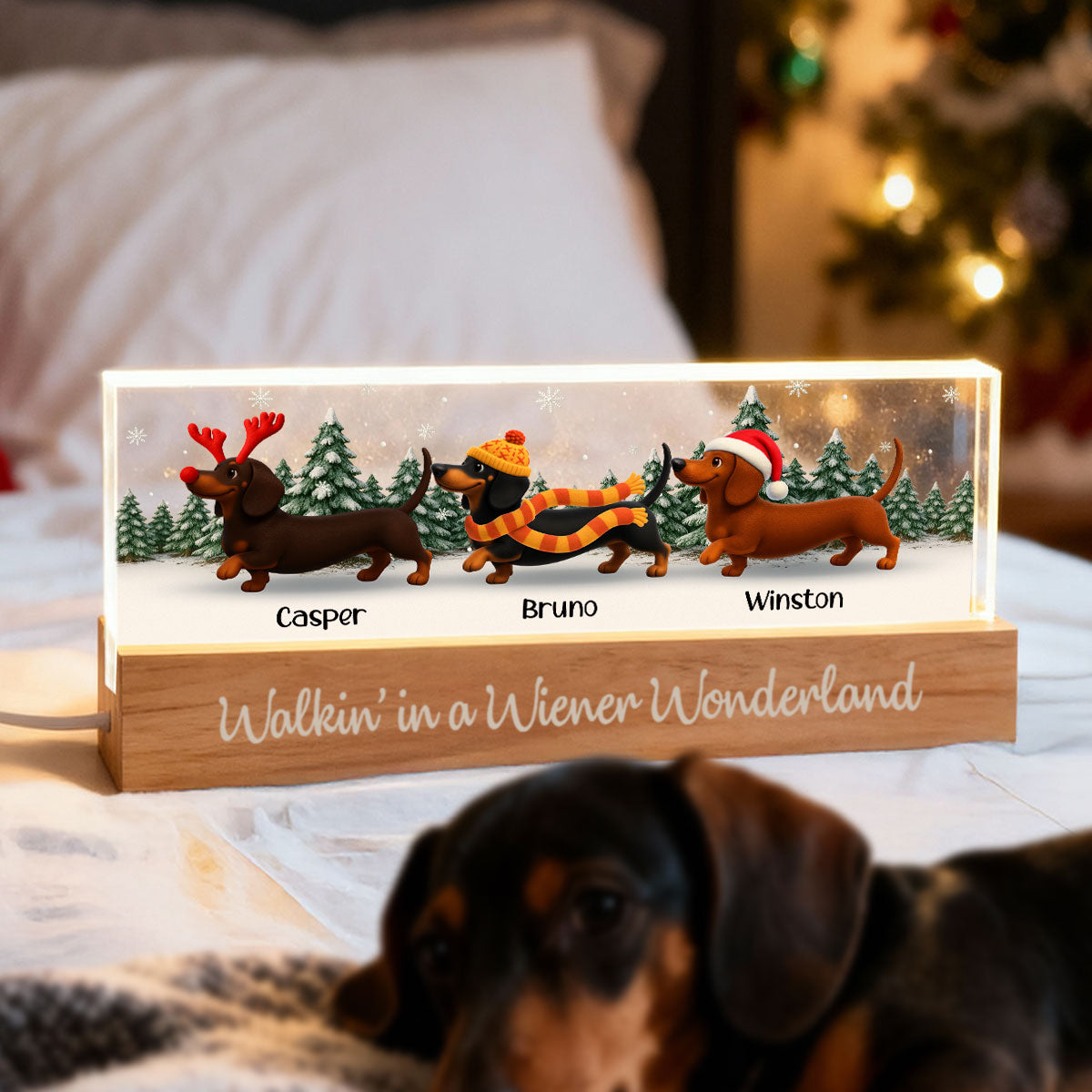 Christmas Dachshunds Walking In A Wiener Wonderland - Personalized Acrylic Block Plaque LED Night Light