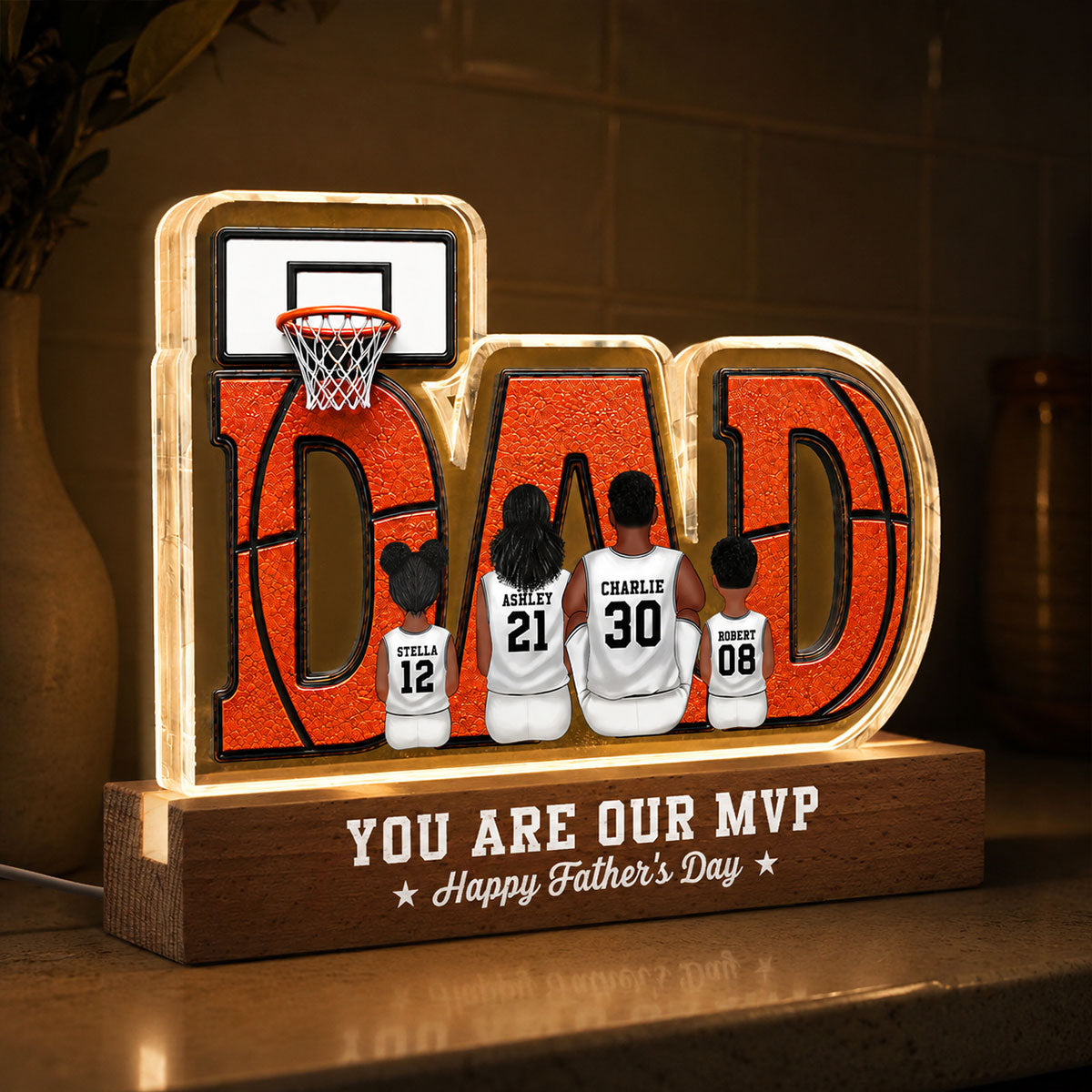 Basketball Dad Legend Daddy's Dream Team - Personalized Acrylic Block LED Night Light - Father's Day Gift For Dad, Husband, Basketball Fans