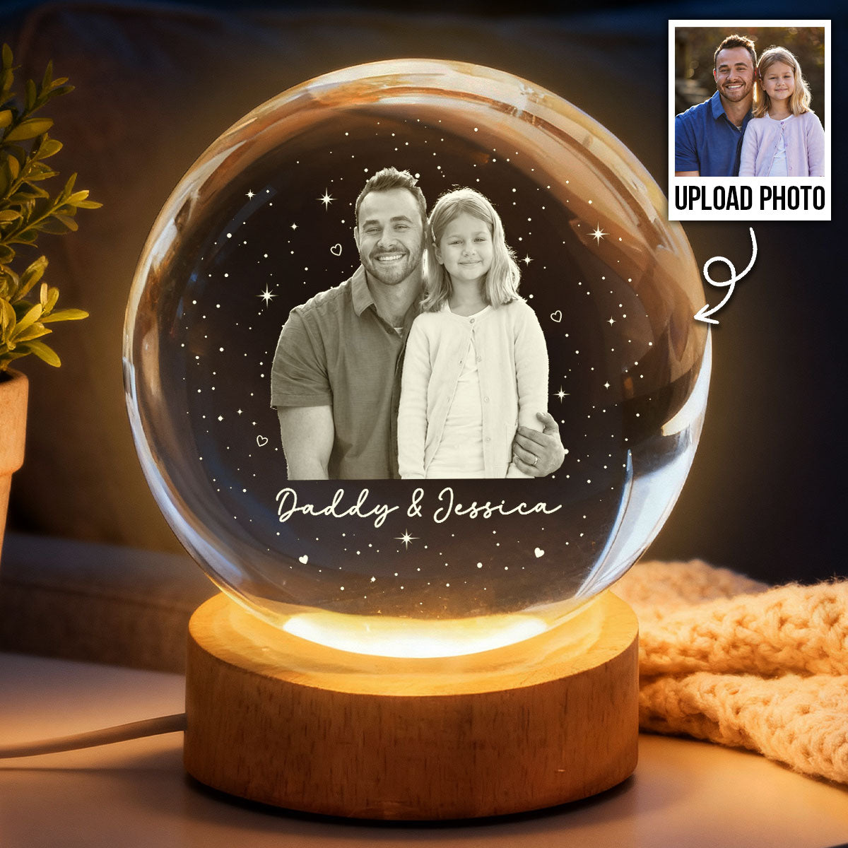 Dad And Kid Custom Upload Photo - Personalized Crystal Ball LED Night Light -  Gift For Dad