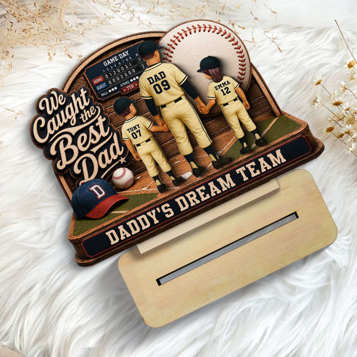 Baseball Things Dad & Kids Back View Standing 2D Flat - Personalized 2-Layered Wooden Plaque - Happy  For Baseball Dad