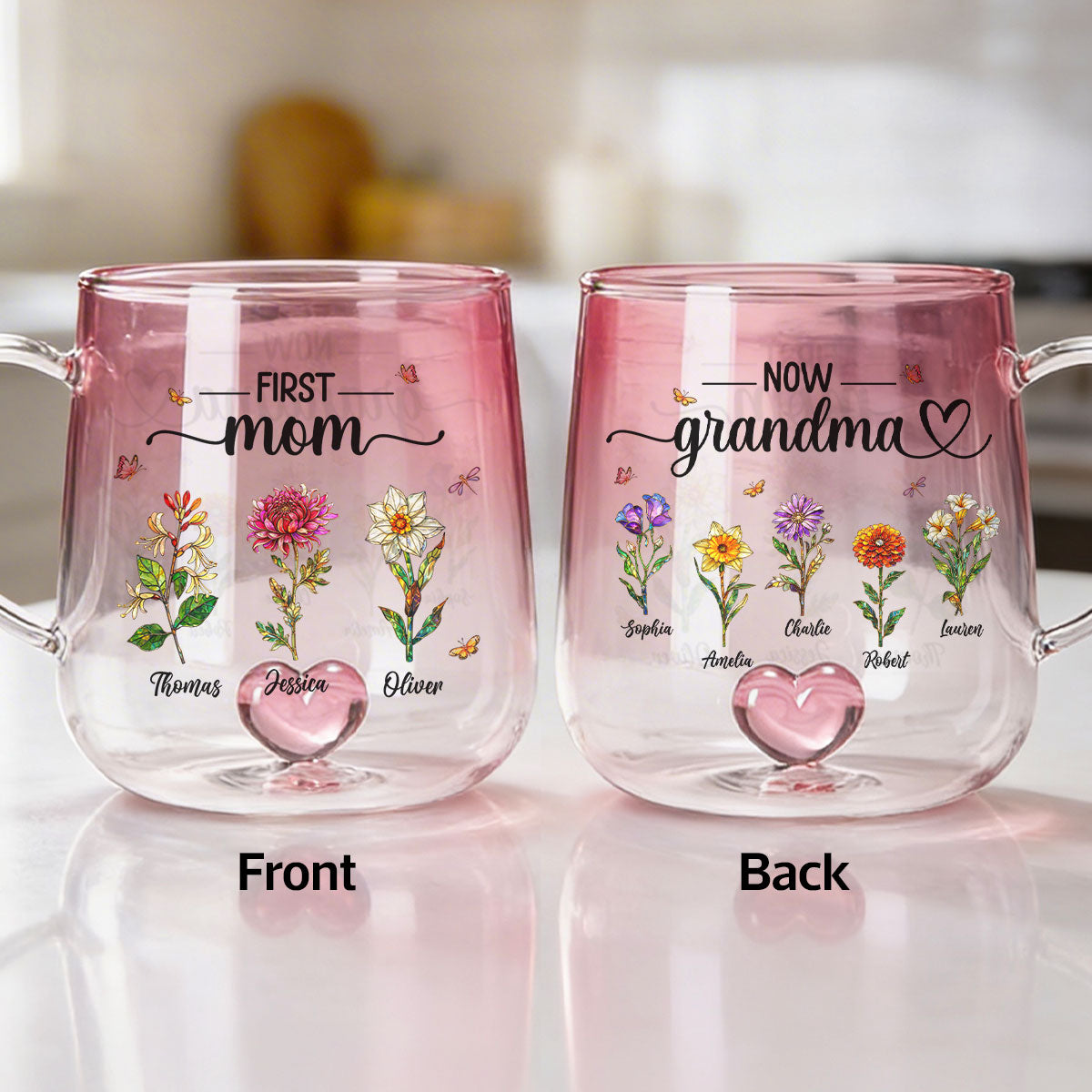First Mom Now Grandma Custom Birth Flowers - Personalized Glass Mug - Mother's Day Gift for Mom, Grandma