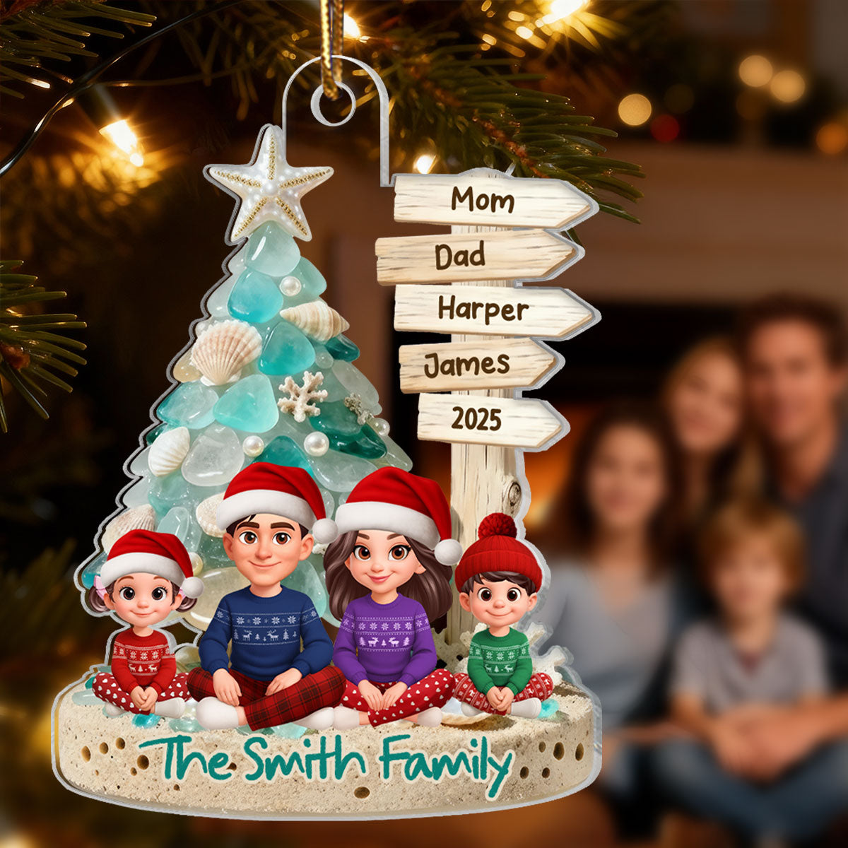 3D Sea Glass Effect Christmas Tree Sign Posts Family Together - Personalized Acrylic Ornament - Coastal Vibe Christmas Gift