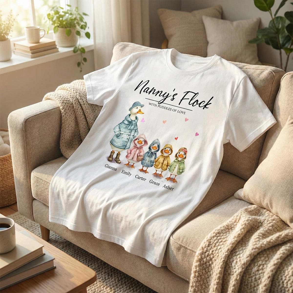 Nanny's Flock Gift For Grandma Nana Grammy Cute Watercolor Ducks Personalised Shirt, Mother's Day Gift