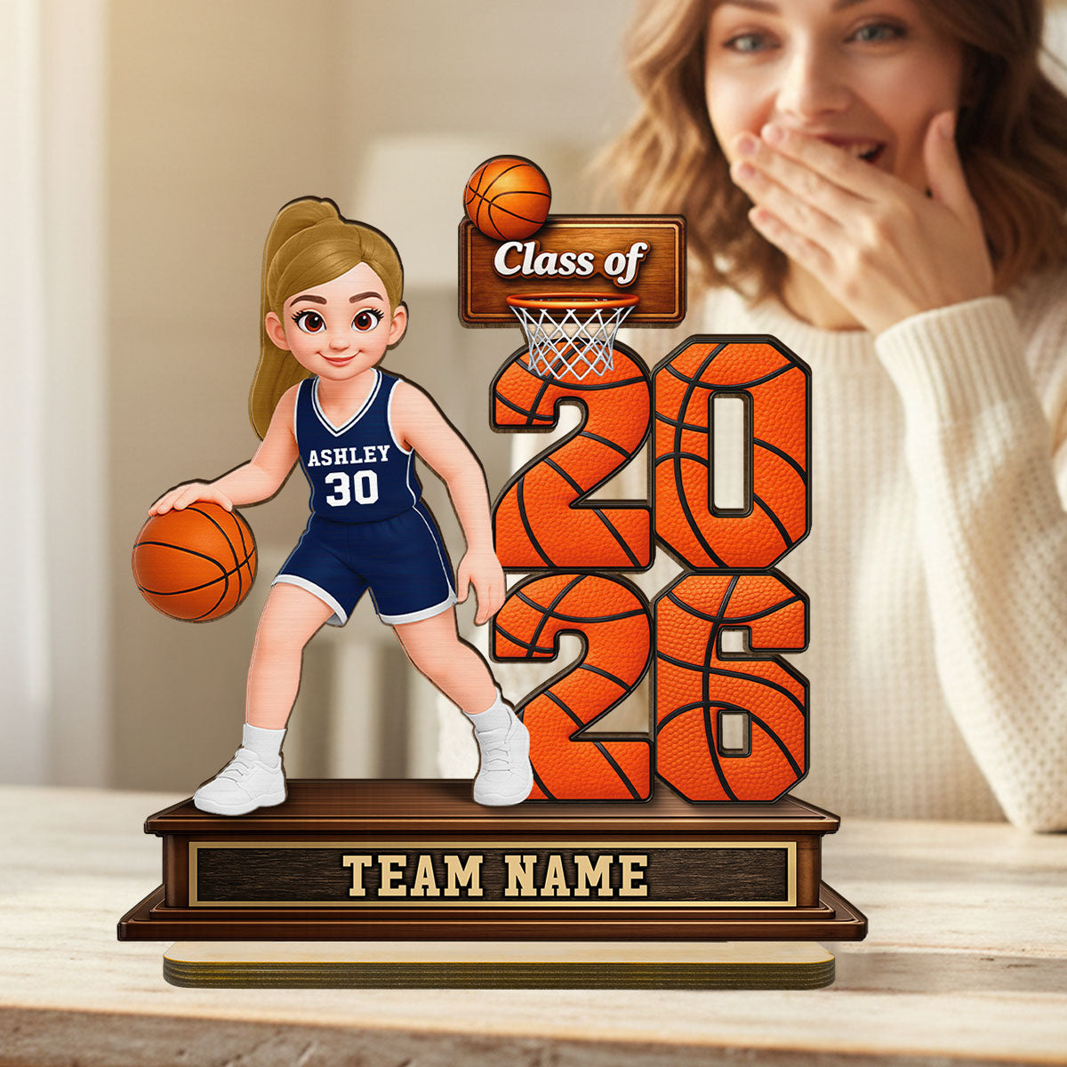 Basketball Senior Playing On Court Class Of 2026 2027 - Personalized 2-Layered Wooden Plaque - Graduation Gift For Son, Daughter