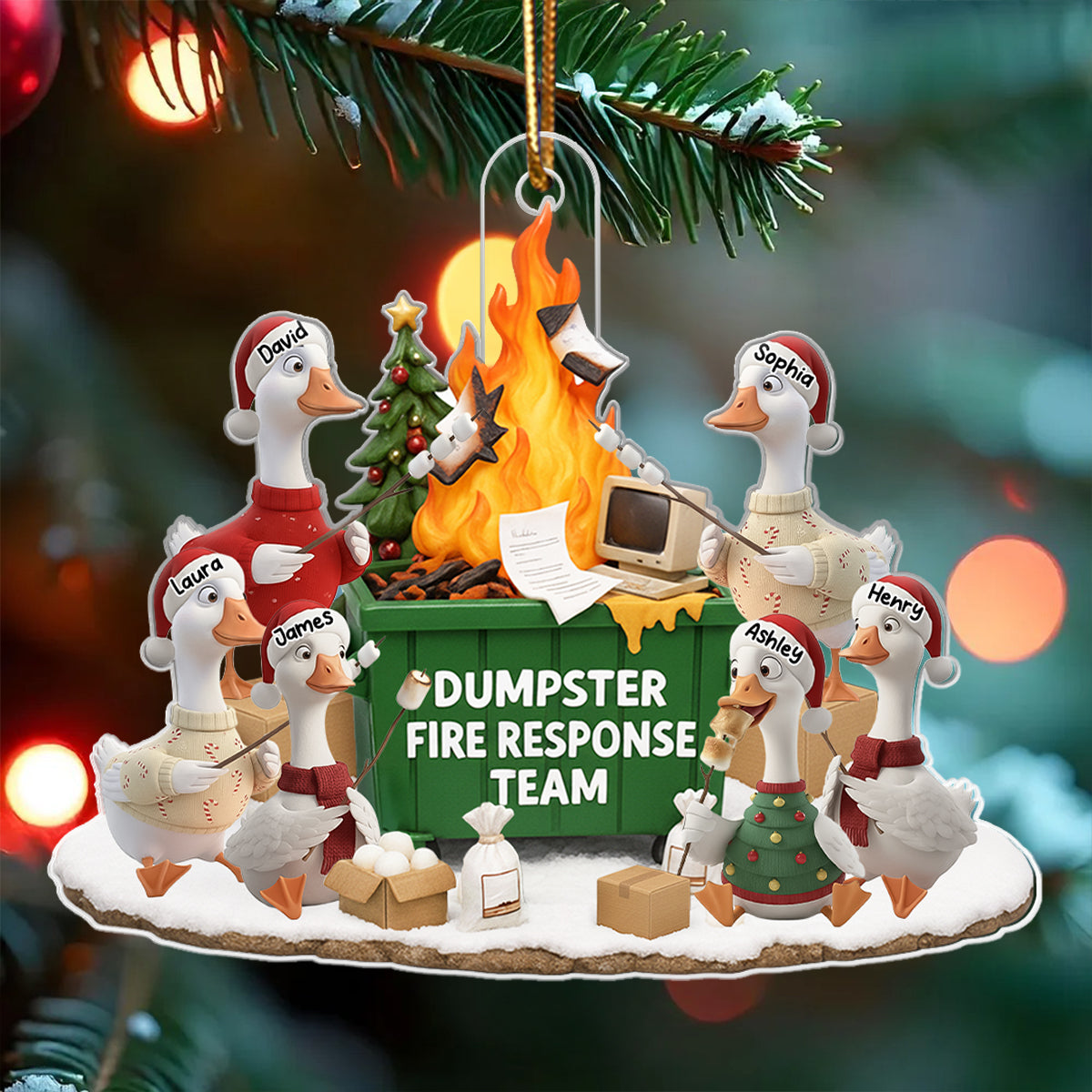 Funny Goose Dumpster on Fire Response Team - Personalized Acrylic Ornament - Funny Holiday Gift for Coworkers