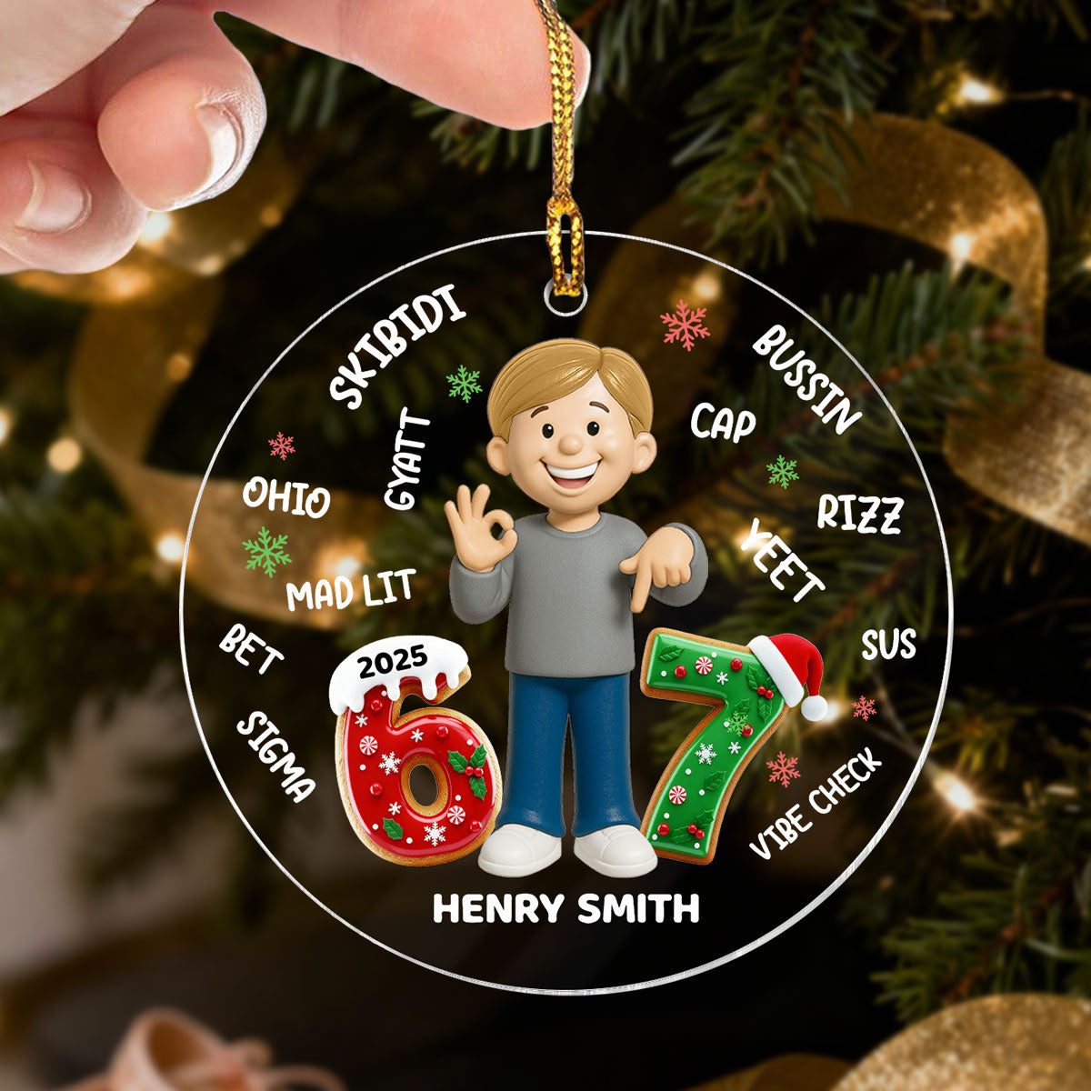 Teen Kid Custom Name Six Seven 3D Effect - Personalized Acrylic Ornament - 2025 Slang, Funny Teen Grandkid, Gen Alpha Christmas Gift