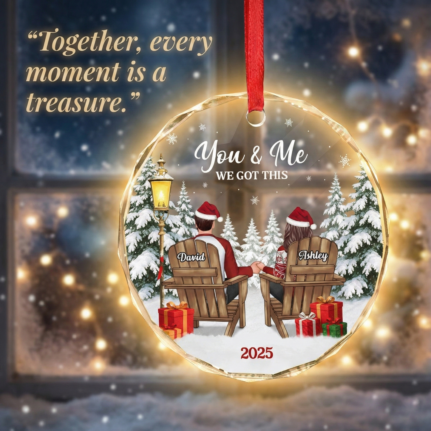 Couple Sitting Winter Landscape - Personalized Glass Ornament - Christmas Gift For Him, For Her, Anniversary Gift